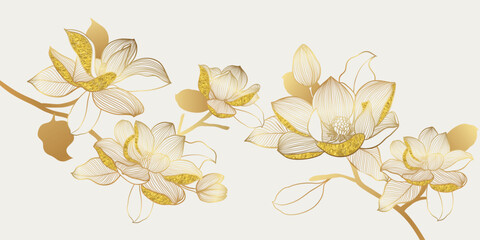Luxury golden peony flower line art on beige background vector. Natural botanical elegant flower with gold foil texture. Design illustration for decoration, wall decor, wallpaper, cover, banner. © babeer