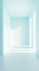 A large, empty room with white walls and a blue ceiling