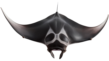 A sleek, black manta ray isolated on transparent background