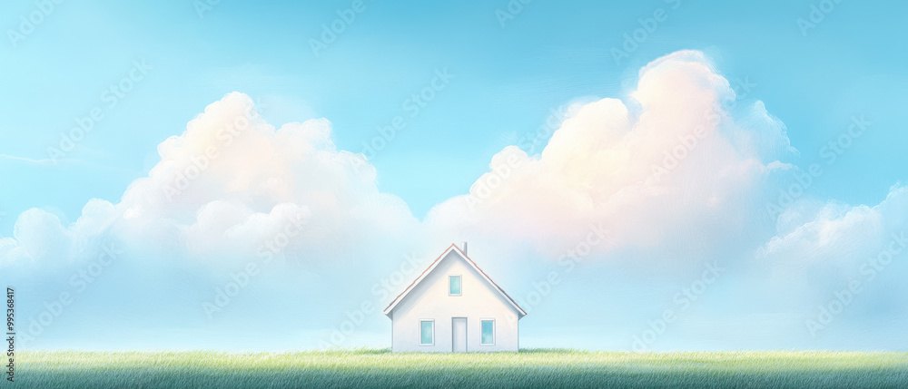 Canvas Prints a white house is standing in a field with a blue sky in the background