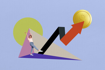 Collage young cheerful girl celebrate success victory dynamic arrow rise up growth golden coin...