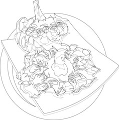 Fried artichoke on a plate, black and white image, lines, coloring book