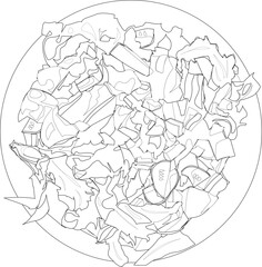 Vegetable summer salad vector in a round plate with tomatoes, cucumbers, beets, leaves, cucumbers, onions and herbs, healthy vegetarian food, black and white image, lines, coloring book