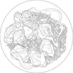 asian cuisine. rice with meat, chicken, vegetables. vector illustration, 
black and white image, lines, coloring