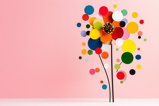 Colorful flower made of circles is on a pink background. flower has a stem and is surrounded by many different colored circles. Minimalist flower with central colorful bulbs, random color splashes