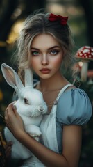 Female model, dressed like Alice from Alice in wonderland, holding a white rabbit. Wearing a blue dress and white apron. In mystical forest surrounded by giant mushrooms. Fairytale. Magical. Whimsical