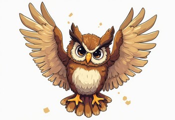 Obraz premium Cartoon owl with wings spread wide, angry expression, cute and fierce animal illustration, whimsical owl character