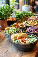 A team enjoying a taco bar lunch, building their own tacos with a variety of toppings and fillings, Generative AI