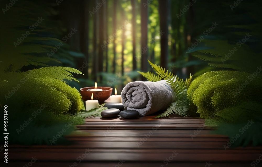 Poster a spa-like setting with candles, stones, and a towel set on a wooden surface. the background is blur