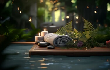 A rolled towel, two candles, and smooth stones rest on a wooden tray beside lush greenery and blurred lights.