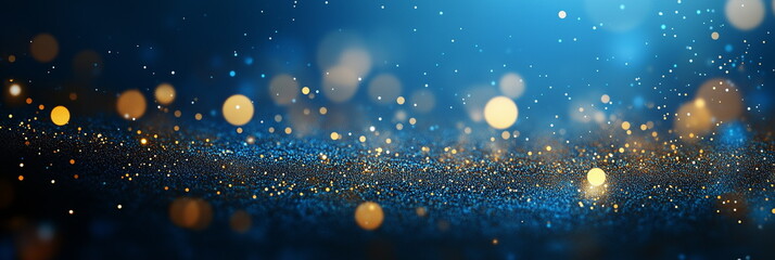 Obraz premium Gorgeous and luxurious background strewn with golden glitter against a dark blue background. Sparkling particles, shining gold bokeh. celebration, party, event, christmas, new year, year-end, card bg.