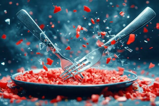 Grilling Juicy Steak. Chopped red meat on plate with metal fork and knife crossing over food flying in air for cooking, kitchen, restaurant, barbecue, dinner, food preparation, festive, culinary, mea