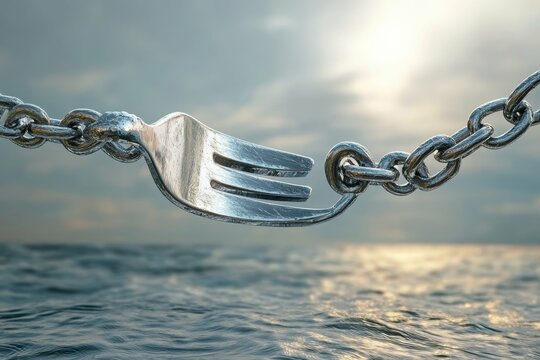 A stylized image of a fork with a chain wrapped around it symbolizing the restrictive nature of eating disorders
