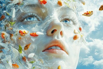 A stylized image of a face with empty eyes with food items scattered around representing disconnection from eating