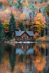 Obraz premium A cozy cabin by a serene lake surrounded by vibrant autumn foliage.