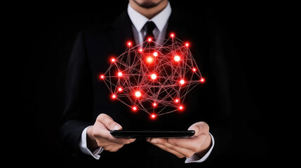 Businessman manages 3D data from a tablet, his hands touching the futuristic screen to emphasize his direct interaction with the digital world.