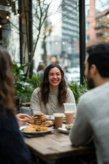 Fototapeta premium Employees having a lunch meeting in a relaxed setting, brainstorming ideas over sandwiches and drinks, Generative AI 