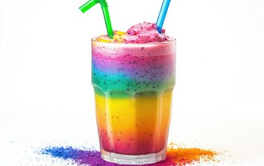 Rainbow smoothie isolated on white background. Rainbow glass with milkshake. Rainbow coctail.