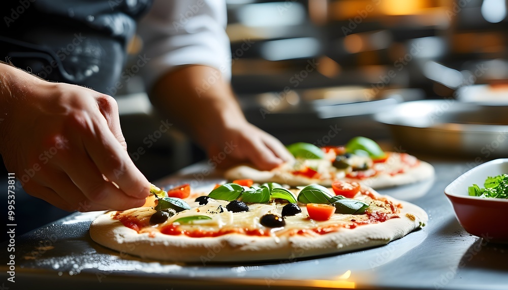 Wall mural skilled chef skillfully crafting pizza dough in bustling restaurant kitchen