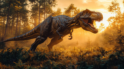 A large T-Rex is running through a forest