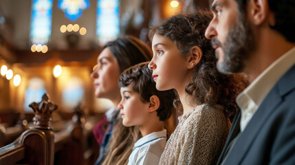 Family attending synagogue service together in reverence and reflection
