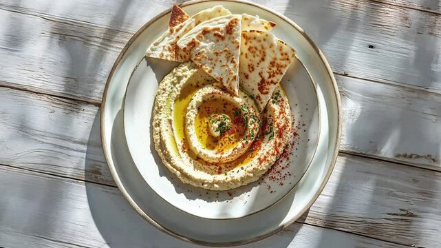 Delicious Hummus and Flatbread Served on Rustic Wooden Table