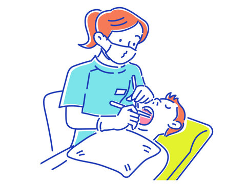 recommend clip art: 男性の歯の治療をする女性の歯科医