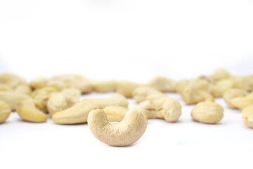Macro of Cashew Nut Isolated on White Background with Copy Space