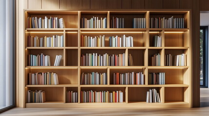 A large wooden bookshelf that fills the entire wall is filled with various books. Study, library, living room, interior, furniture.