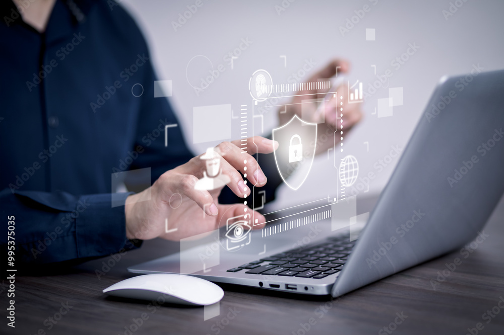 Poster cyber security and security password login online concept hands typing and entering username and pas