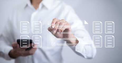 checklist and clipboard task documentation management, business people working laptop checklist questionnaire assessment form, online survey online exam Choosing the right answer in the exam