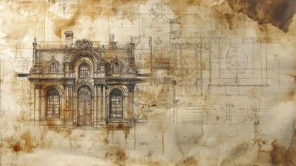 Fototapeta premium Old, worn architectural plans for a Victorian library, with faded lines and ornate detailing, displayed on crumbling parchment