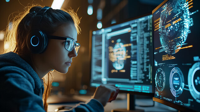 A woman is sitting in front of two computer monitors