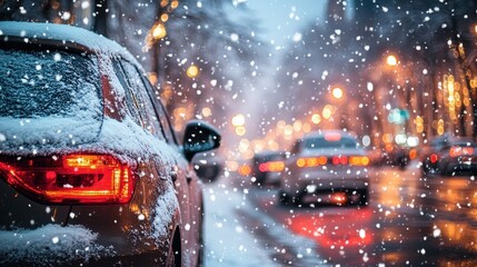 A snowy evening scene with a car in the foreground, illuminated by city lights, creating a cozy winter atmosphere.