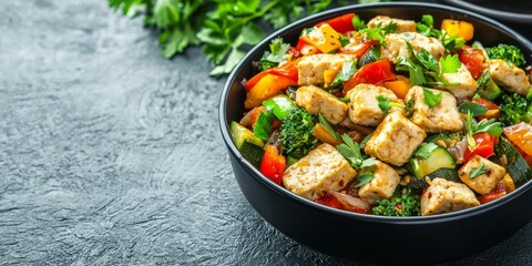 A colorful bowl of stir-fried vegetables and chicken, garnished with fresh herbs, showcasing healthy and appetizing meal options.