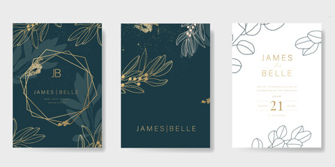 Luxury wedding invitation card vector template. Green background with gold line art, flower, leaves branches, foliage. Design illustration for vip cover, poster, rsvp modern card.