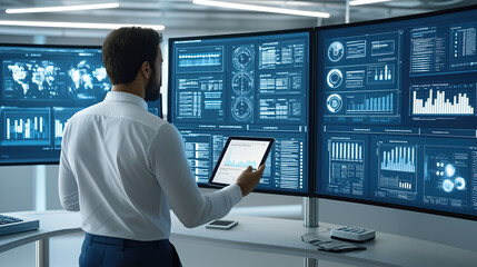 Businessman manages 3D data from a tablet, his hands touching the futuristic screen to emphasize his direct interaction with the digital world.