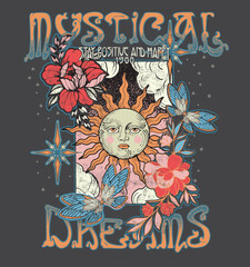 MYSTICAL DREAMS.Retro 70's psychedelic hippie element illustration print with groovy slogan for man - woman graphic tee t shirt or sticker poster - Vector