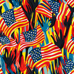 Obraz premium A colorful painting of American flags with hands painted on them