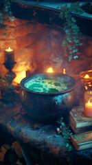 Witch's cauldron with green potion, mystical Halloween setting