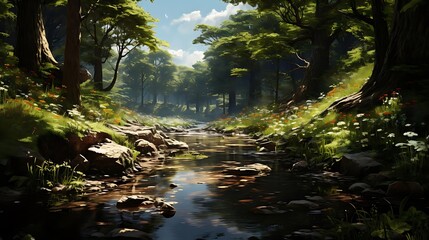 Obraz premium A serene forest landscape with a tranquil stream and vibrant flora.