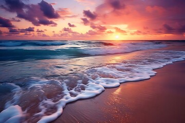 Obraz premium A serene beach at sunset with gentle waves and colorful clouds reflecting the light.