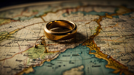 Close-up of a gold wedding ring resting on an antique world map.