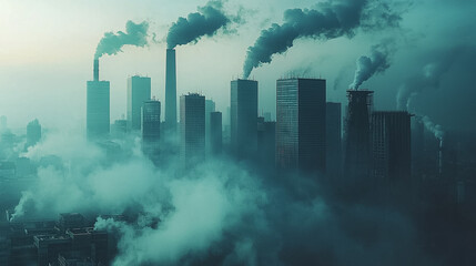 Obraz premium A city skyline is covered in smoke and fog