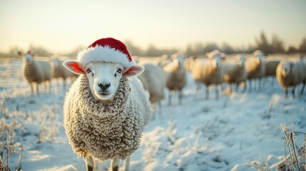 Festive sheep with a Santa hat in a snowy field, capturing the joy and charm of winter celebrations.