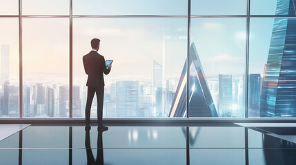 Businessman manages 3D data from a tablet, his hands touching the futuristic screen to emphasize his direct interaction with the digital world.