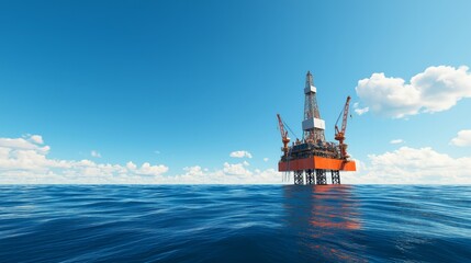 A vibrant offshore oil rig stands tall against a clear blue sky, showcasing modern industry amid vast ocean waves.