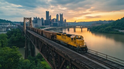 Fototapeta premium the train rides over the bridge