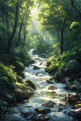 A serene forest scene featuring a flowing stream and lush greenery illuminated by sunlight.