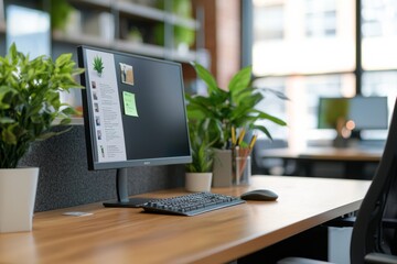 A cozy office cubicle decorated with personal photos, plants, and motivational quotes, creating a welcoming workspace, Generative A